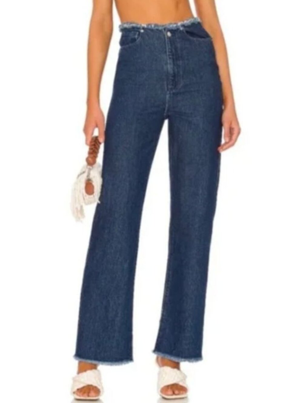 weworewhat Indigo Denim True Blue Frayed Straight Wide Leg Raw Hem Jeans Size 27